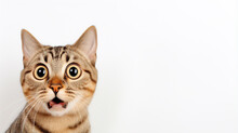 A Frightened Cat, An Emotional Portrait Of Fear Isolated On A White Background, A Cat With Big Eyes Is Afraid