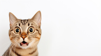 a frightened cat, an emotional portrait of fear isolated on a white background, a cat with big eyes is afraid