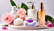 Luxury refreshing cosmetics set and flowers for personal hygiene on the table.
