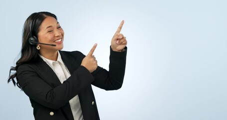 Poster - Face, pointing and woman with telemarketing, call center and promotion on a blue studio background. Portrait, person and model with hand gesture, telecom sales and tech support with customer service