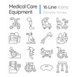© bsd studio - 2D pixel perfect black icons set representing medical equipment, editable thin linear illustration.