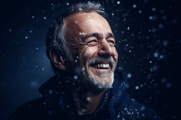 Canvas Print - Happy laughing senior man grandad grandfather grandpa and falling snow flakes on blue background. Modern old guy with smile celebrating Winter Christmas. Generative AI.	