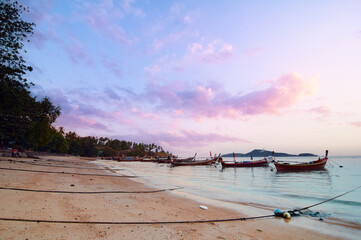 Wall Mural - Beautiful landscape with traditional longtail boat on the beach. Phuket, Thailand.