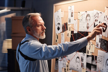 Side view portrait of handsome bearded detective standing by evidence board and studying leads in investigation