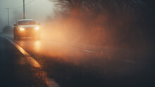 The Headlights Of A Car On An Autumn Road In Fog, The Weather Is A Dangerous Road In November