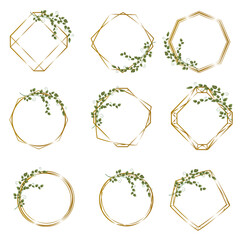 Wall Mural - Vector set with gold frames and sprigs of green eucalyptus. Frames on white background for holiday design. . Vector illustration
