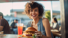 A happy woman eating a burger in an outdoor restaurant as a Breakfast meal craving deal. Generative Ai