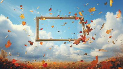 Wall Mural - autumn frame of dry falling yellow leaves against a blue sky with white clouds, an empty blank with a copy space