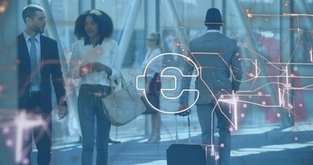 Poster - Animation of euro sign and data processing over diverse people at airport