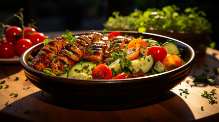 Wall Mural - Grilled chicken breast, fillet, steak and fresh vegetable salad. Healthy keto, ketogenic lunch menu with chicken meat and organic veggies and greens.