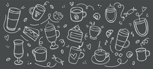 Coffee and desserts in doodle style drawn with chalk on a black board. Sketch of different cups of coffee and cappuccino. Banner Art background for cafe shop, card, banner etc.