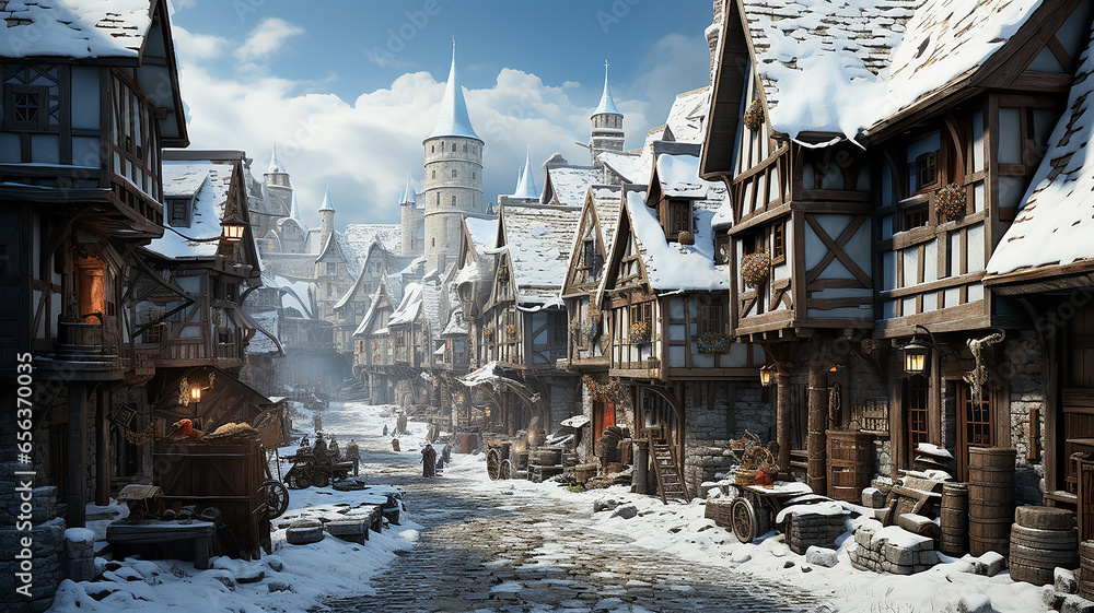 aerial view of an ancient medieval city, computer game simulation ...