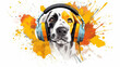 cute funny dog with headphones listening to happy disco music