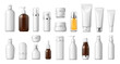 Realistic cosmetics product bottle, tube and plastic containers. Isolated 3d vector mockup of cosmetic products. Cream jar, spray, oil, lotion or shampoo, gel shower and liquid soap, antiperspirant