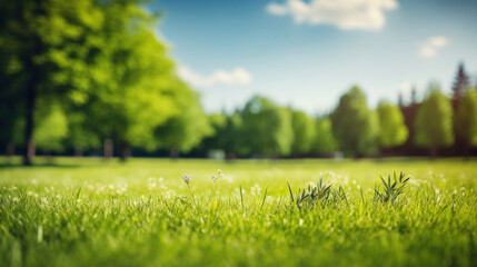 Wall Mural - Beautiful blurred summer background with green trees, grass and blue sky