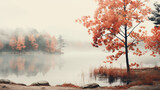 Fototapeta Do pokoju - a lonely tree in autumn colors landscape of a foggy park view on a quiet October morning