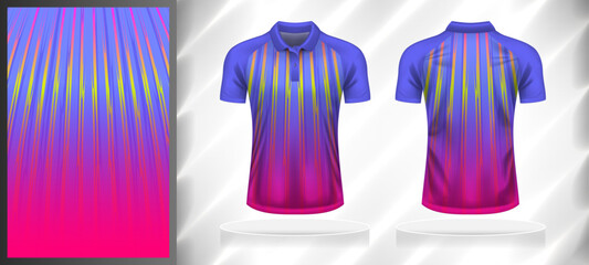 Wall Mural - Vector sport pattern design template for Polo T-shirt front and back with short sleeve view mockup. Shades of purple-pink-yellow color gradient abstract line texture background illustration.