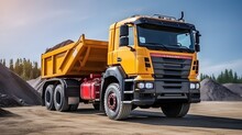 Large Mining Dump Truck At The Construction Site. Powerful Modern Equipment For The Delivery And Transportation Of Bulk Cargo. Construction Site. Rental Of Construction Equipment.
