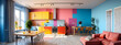 appartement moderne avec un mur très coloré, canapé et fauteuil