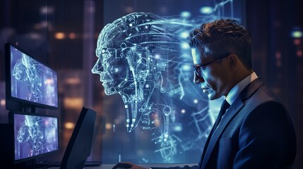 Wall Mural - businessman harnessing ai technology for data analysis and coding with digital brain - machine learn