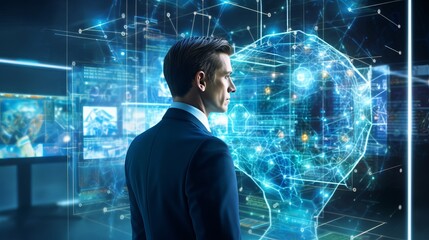 Wall Mural - businessman harnessing ai technology for data analysis and coding with digital brain - machine learn