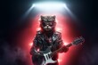 Cat rock star with guitar on stage, neon background.