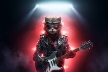 Cat Rock Star With Guitar On Stage, Neon Background.