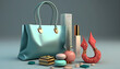 Fashion accessories bag, high heels, lipstick in bag shopping. 3d rendering. Generative Ai.