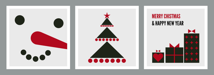 Aufkleber - Merry Christmas. Minimalistic new year cards design set with christmas tree, snowman and gifts. Vector illustration
