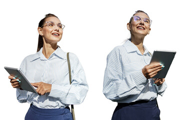 Wall Mural - The manager is a specialist in a bank with glasses a smart cheerful woman uses a tablet an employee of the company modern business clothes. Transparent isolated background.