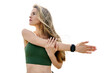 © muse studio - Woman exercise workout fitness, sportswear, fitness watch on hand. Transparent isolated background.