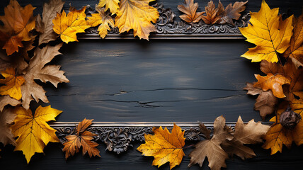Wall Mural - background frame school chalkboard black framed with yellow autumn leaves.