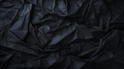 Black crumpled paper texture. Blank dark background with creases. Generative AI