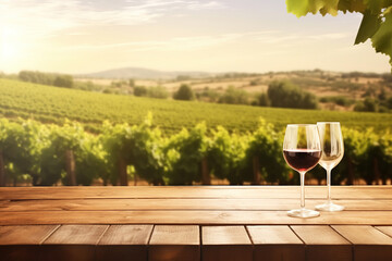  Empty wood table top with a glass of wine on blurred vineyard landscape background, for display or montage your products. Agriculture winery and wine tasting concept.