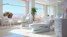 Modern Medical Office With Comfortable Couches And Chairs. Reception Of Patients. Examination In A Medical Office, Design Without People. Bright Room. Styrile Cleanliness