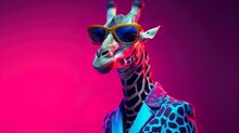 Look A Like Human Giraffe Wearing Human Outfit & Party Sunglasses On A Fluorescent Electric Gradient Background.
