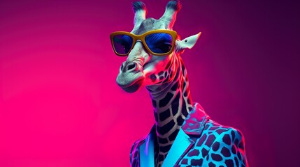 look a like human giraffe wearing human outfit & party sunglasses on a fluorescent electric gradient