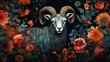 3d render wild Sheep standing, floral background for wall painting, stickers, frame, beautiful wall, best looking, wall texture.