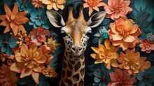3d Render Giraffe Standing, Floral Background For Wall Painting, Stickers, Frame, Beautiful Wall, Best Looking, Wall Texture.
