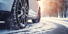 close-up of car wheels with winter tires on a snowy road. ai generative