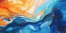 Abstract Marbling Oil Acrylic Paint Background Illustration Art Wallpaper - Orange Blue Color With Liquid Fluid Marbled Paper Texture Banner Painting Texture