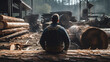 a man sits on a thick log in a sawmill. back view. ai generative