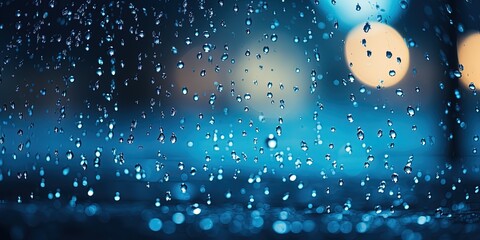 Sticker - Autumn rainy weather background texture - Closeup of blue umbrella with many raindrops waterdrops, raining rain