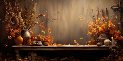 Wall Mural - Background with autumnal colors, showcasing the beauty of falling leaves and the coziness of a harvest season