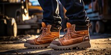 Construction Worker Boots At A Industrial Job Site