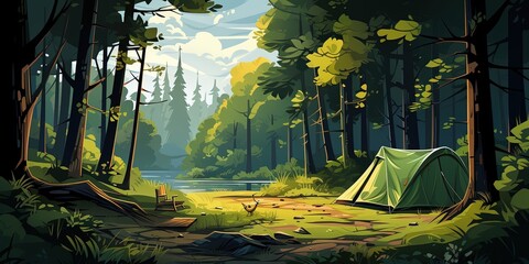 Wall Mural - Illustration of camping tent set up in a lush green forest with a tree providing shade