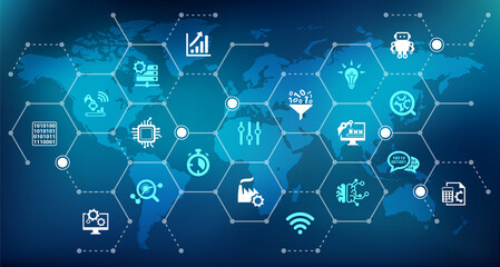 Smart factory / enterprise iot / futuristic tech vector illustration. Blue concept with icons related to ai integration in company process, automation, big data, innovation & cyber revolution.