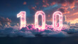 Neon Number 100 in Clouds