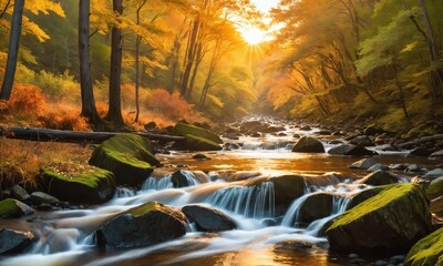  a stream running through a forest, autumn season with warm sunset colors