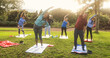 Multiracial senior people doing stretching workout exercises outdoor with city park in background - Healthy lifestyle and joyful elderly lifestyle concept - Soft focus on right man face